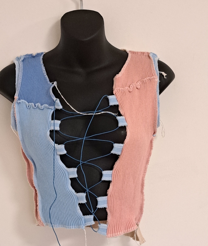 Immodel Pink and Blue Asymmetrical Crop Distressed Tank Top Misses Medium